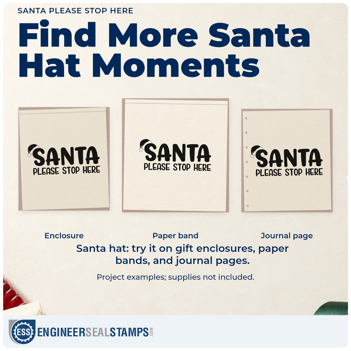 Three project examples made with the Santa Please Stop Here Hand Stamp – Duo, including wish list sheet.