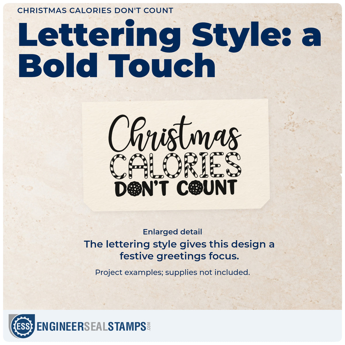 Enlarged detail of the Christmas Calories Don't Count Premium Wood-Mounted Stamp – Vintage Pro imprint. “Christmas Calories Don't Count” combines script, patterned capitals, and bold lettering.