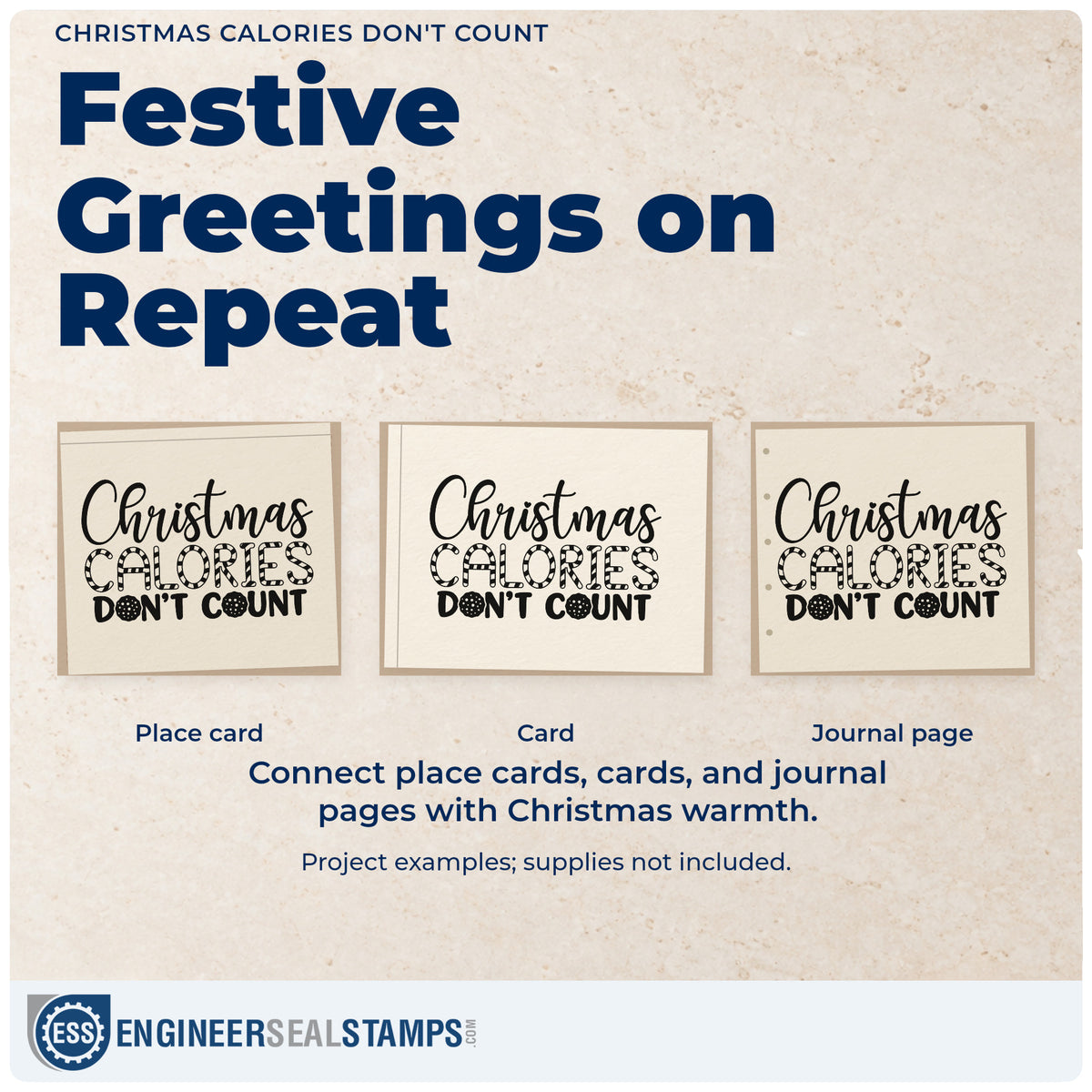 Three project examples made with the Christmas Calories Don't Count Pre-Inked Stamp – Slim, including workout log sheet.