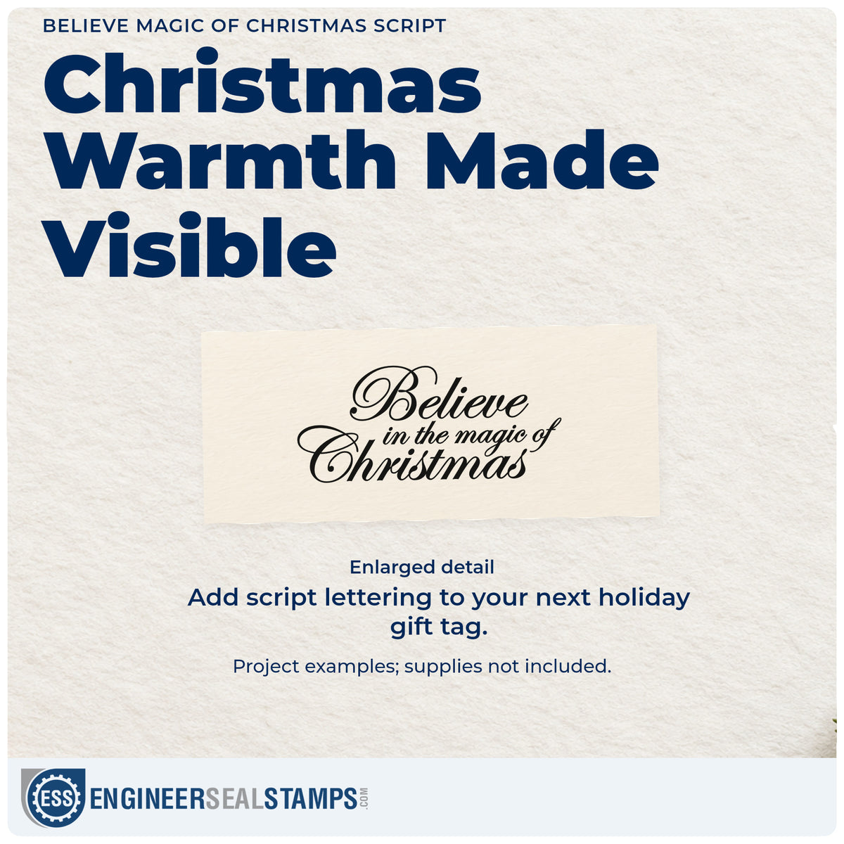 Enlarged detail of the Believe Magic Of Christmas Script Self-Inking Stamp imprint. “Believe in the Magic of Christmas” appears in elegant slanted script.