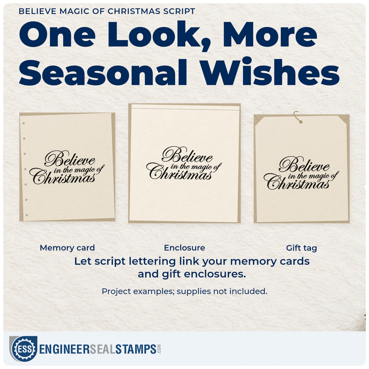 Three project examples made with the Believe Magic Of Christmas Script Stamp – Premium Vintage Pro Wooden, including vow practice sheet.