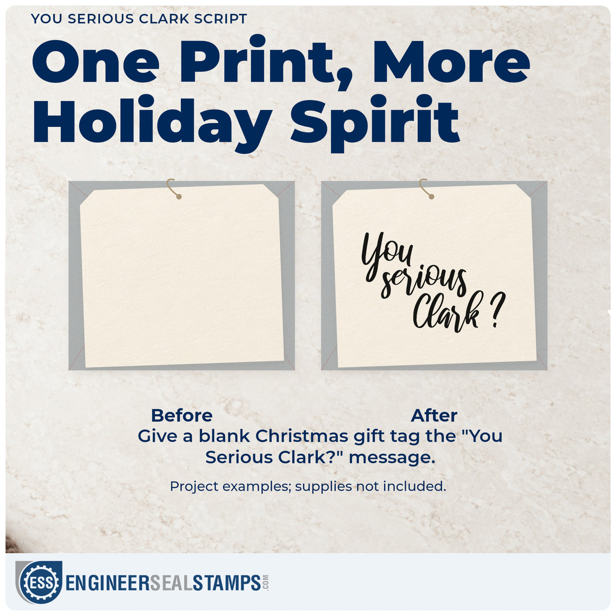 Before and after of a plain item finished with the You Serious Clark Script Stamp – Self-Inking, a quick upgrade for framed angled print.