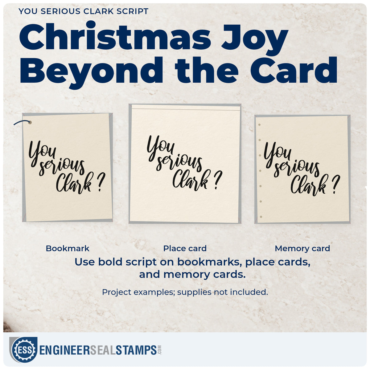 Three project examples made with the You Serious Clark Script PSI Pre-Inked Stamp, including layout sketch sheet.
