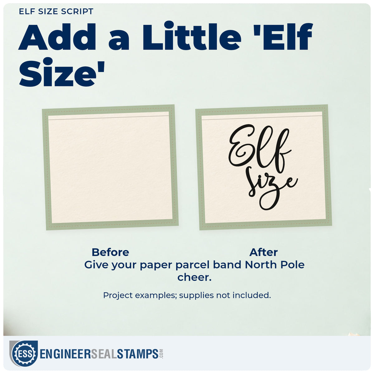 Before and after of a plain item finished with the Elf Size Slim Pre-Inked Stamp, a quick upgrade for framed playhouse door.