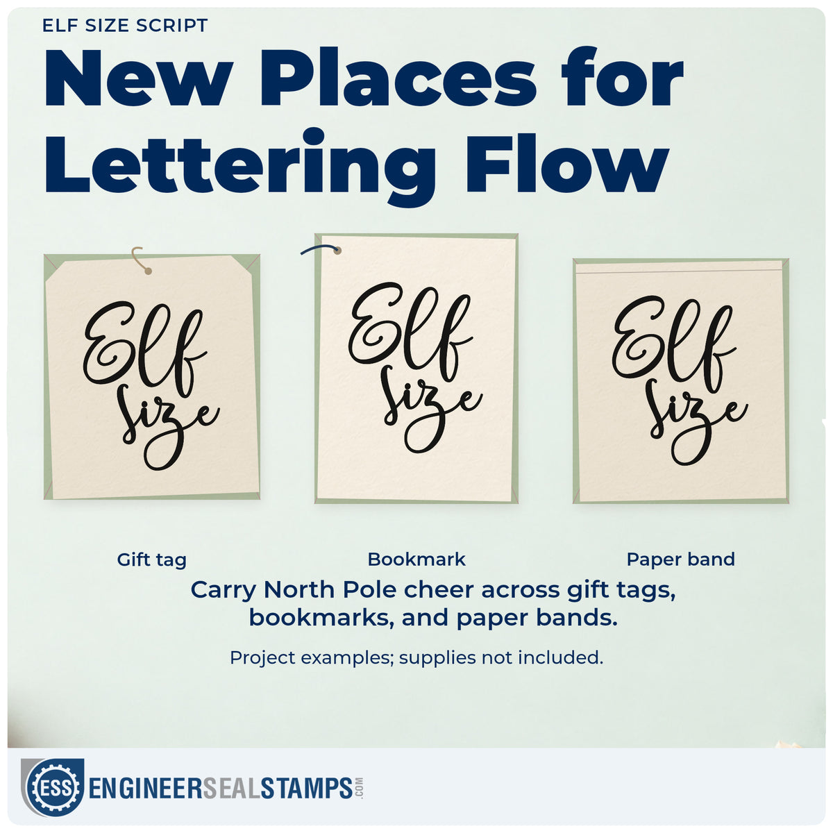 Three project examples made with the Elf Size Pre-Inked Stamp – PSI, including sizing chart header.