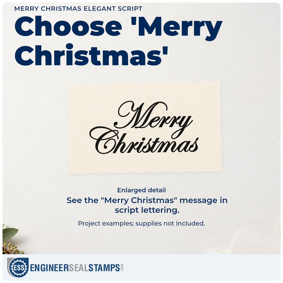 Enlarged detail of the Merry Christmas Elegant Script Hand Stamp – Duo imprint. Two rows of slanted ornamental script read “Merry Christmas.”