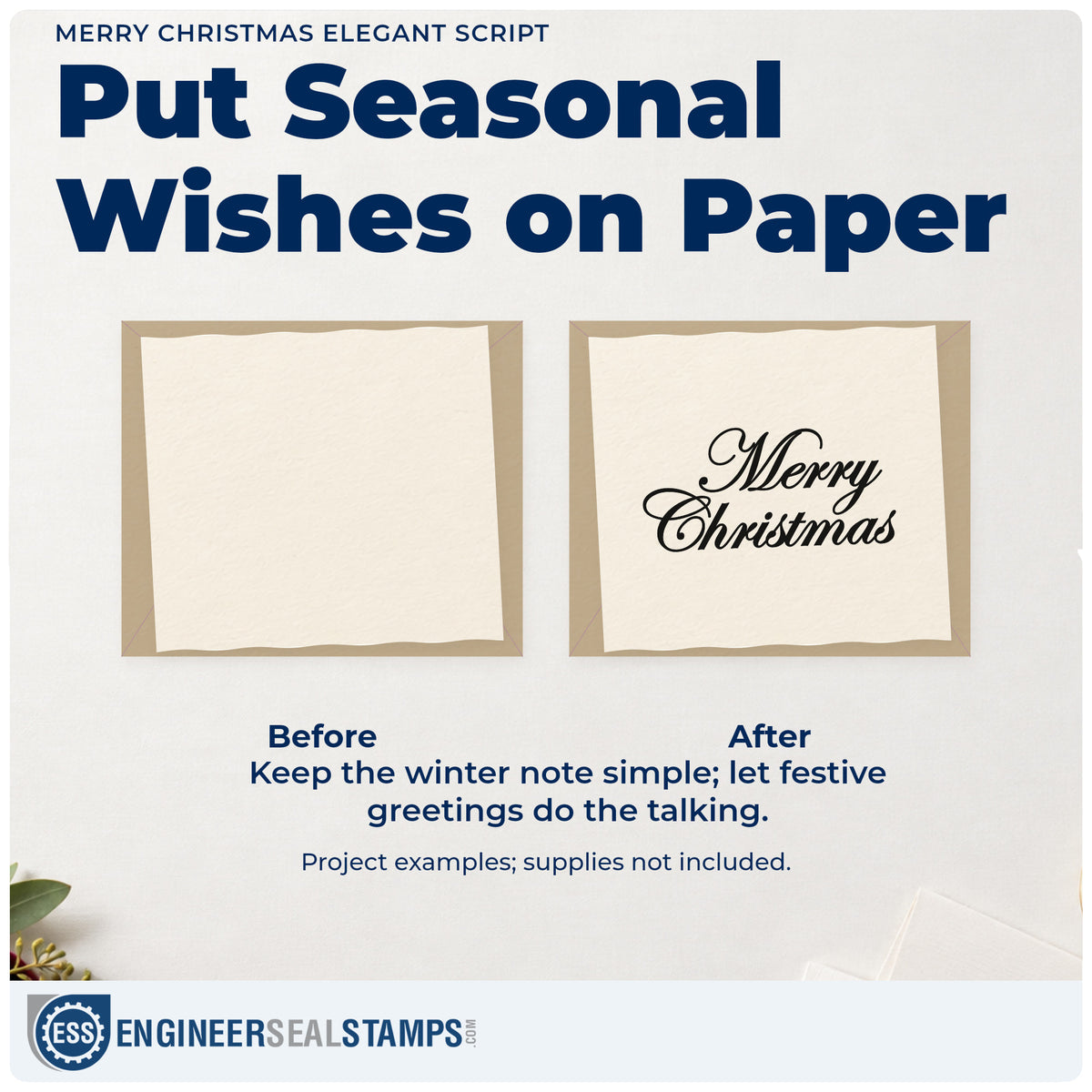 Before and after of a plain item finished with the Merry Christmas Elegant Script Rubber Stamp – Wood Handle, a quick upgrade for framed calligraphy wall.