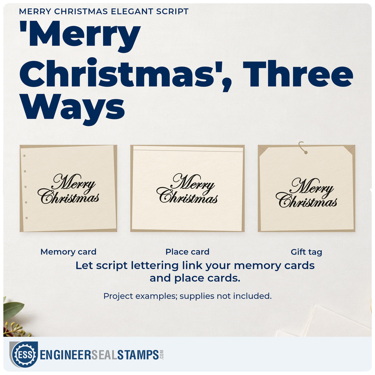 Three project examples made with the Merry Christmas Elegant Script Hand Stamp – Duo, including stroke drill header.