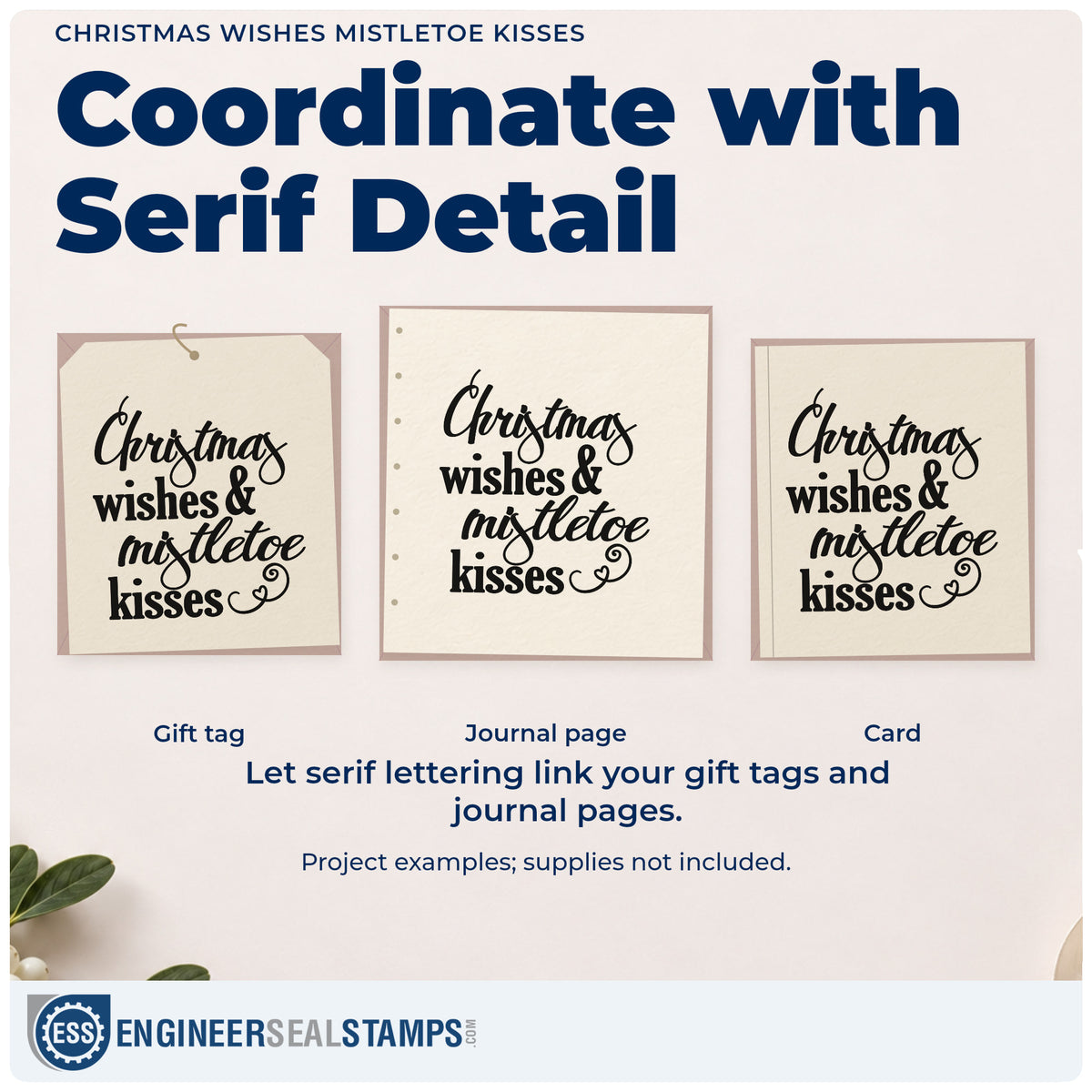 Three project examples made with the Christmas Wishes Mistletoe Kisses Rubber Stamp – Duo Hand, including two gift tags.