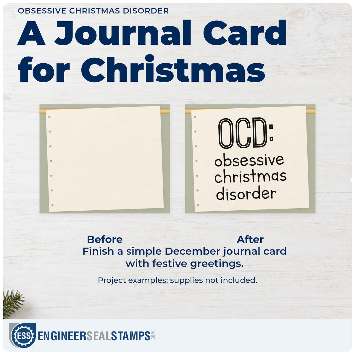Before and after of a plain item finished with the Obsessive Christmas Disorder Slim Pre-Inked Stamp, a quick upgrade for framed hobby room.