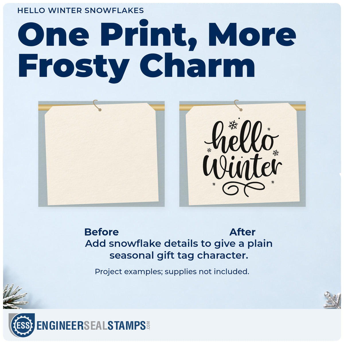 Before and after of a plain item finished with the Hello Winter Snowflakes Script Lettering Self-Inking Craft Stamp, a quick upgrade for framed cafe window.