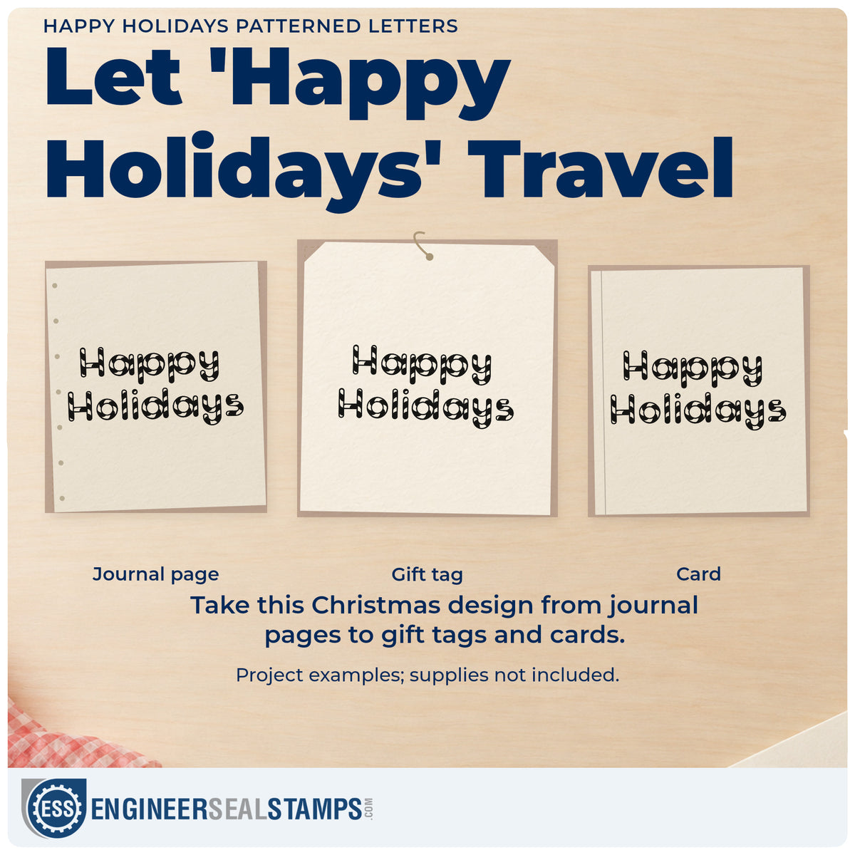 Three project examples made with the Happy Holidays Patterned Letters Hand Stamp – Duo, including activity page header.