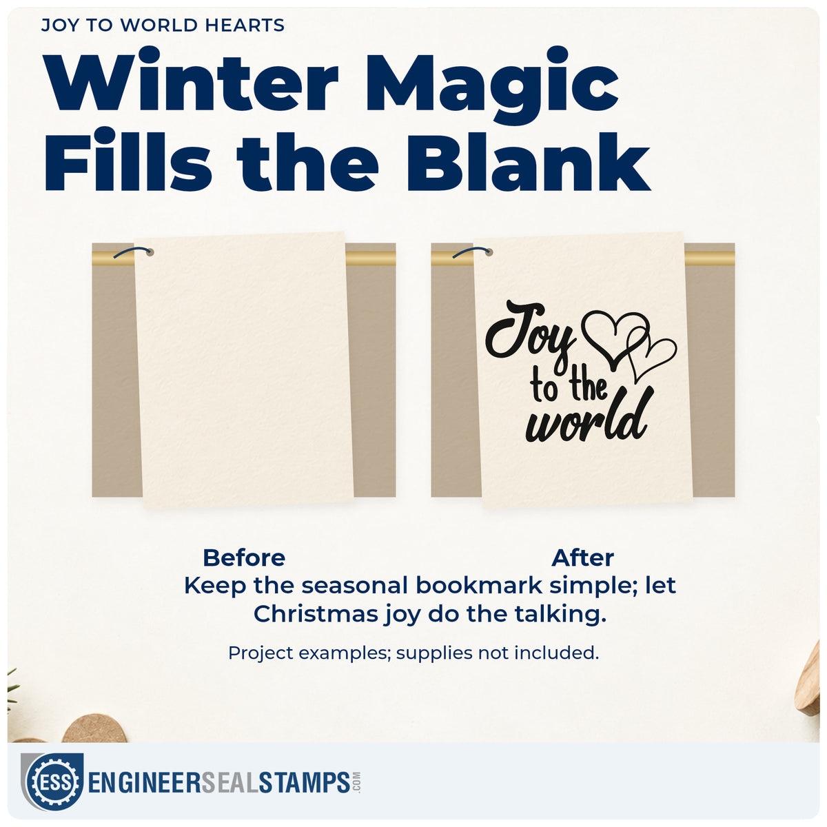 Before and after of a plain item finished with the Joy To The World Stamp – Duo Hand, a quick upgrade for framed food bank wall.
