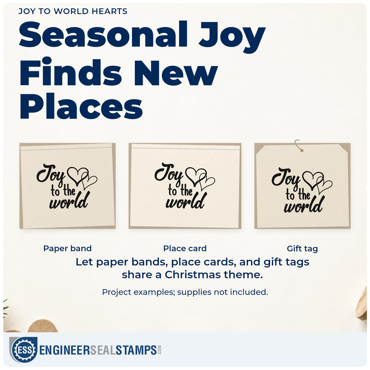 Three project examples made with the Self-Inking Joy To The World Stamp, including drive tally sheet.