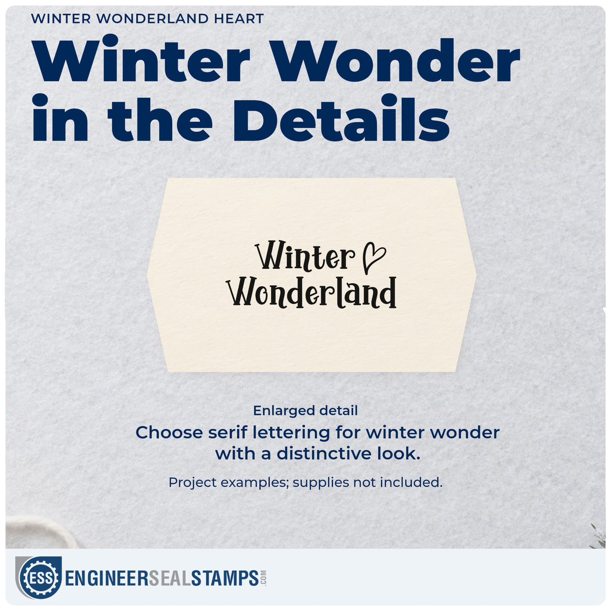 Enlarged detail of the Winter Wonderland Heart PSI Pre-Inked Stamp imprint. “Winter Wonderland” appears in decorative serif lettering with a small outlined heart.