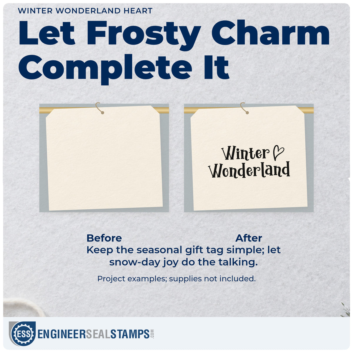 Before and after of a plain item finished with the Winter Wonderland Heart PSI Pre-Inked Stamp, a quick upgrade for framed hearth ledge.