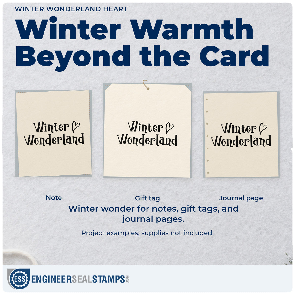 Three project examples made with the Winter Wonderland Heart PSI Pre-Inked Stamp, including first snow journal.