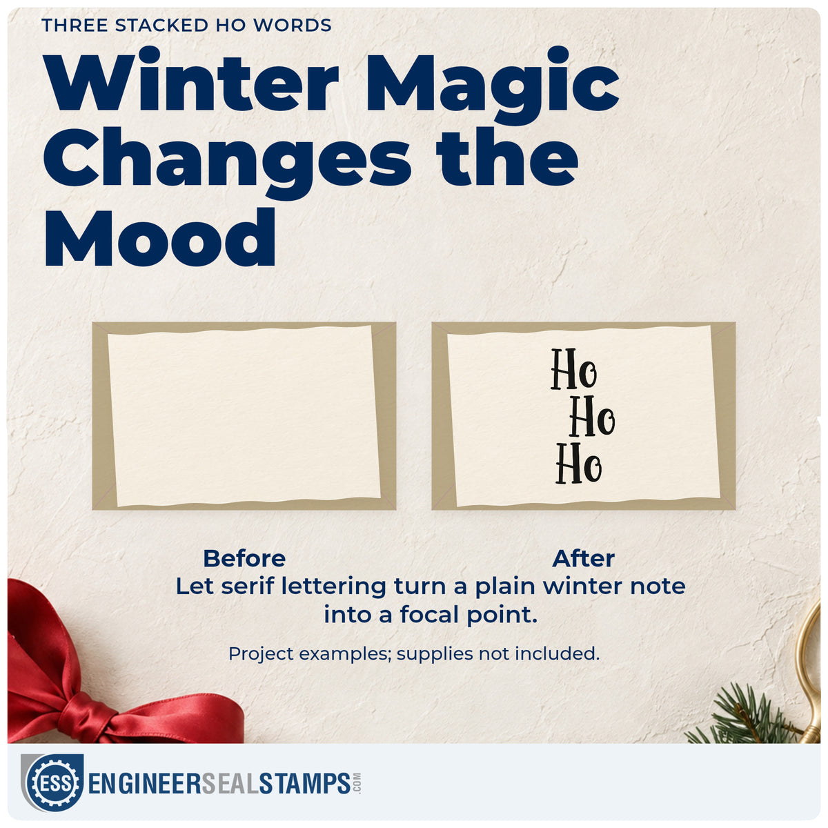Before and after of a plain item finished with the Duo Hand Three Stacked Ho Words Serif Lettering Rubber Stamp, a quick upgrade for framed stagger print.