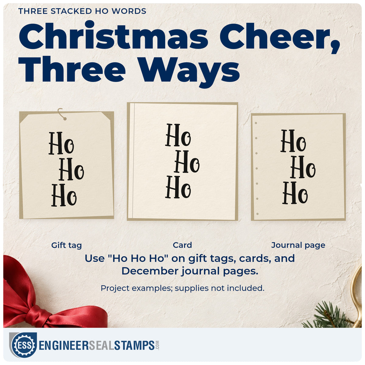 Three project examples made with the Three Stacked Ho Words Serif Lettering Wood Handle Stamp, including header block planner.