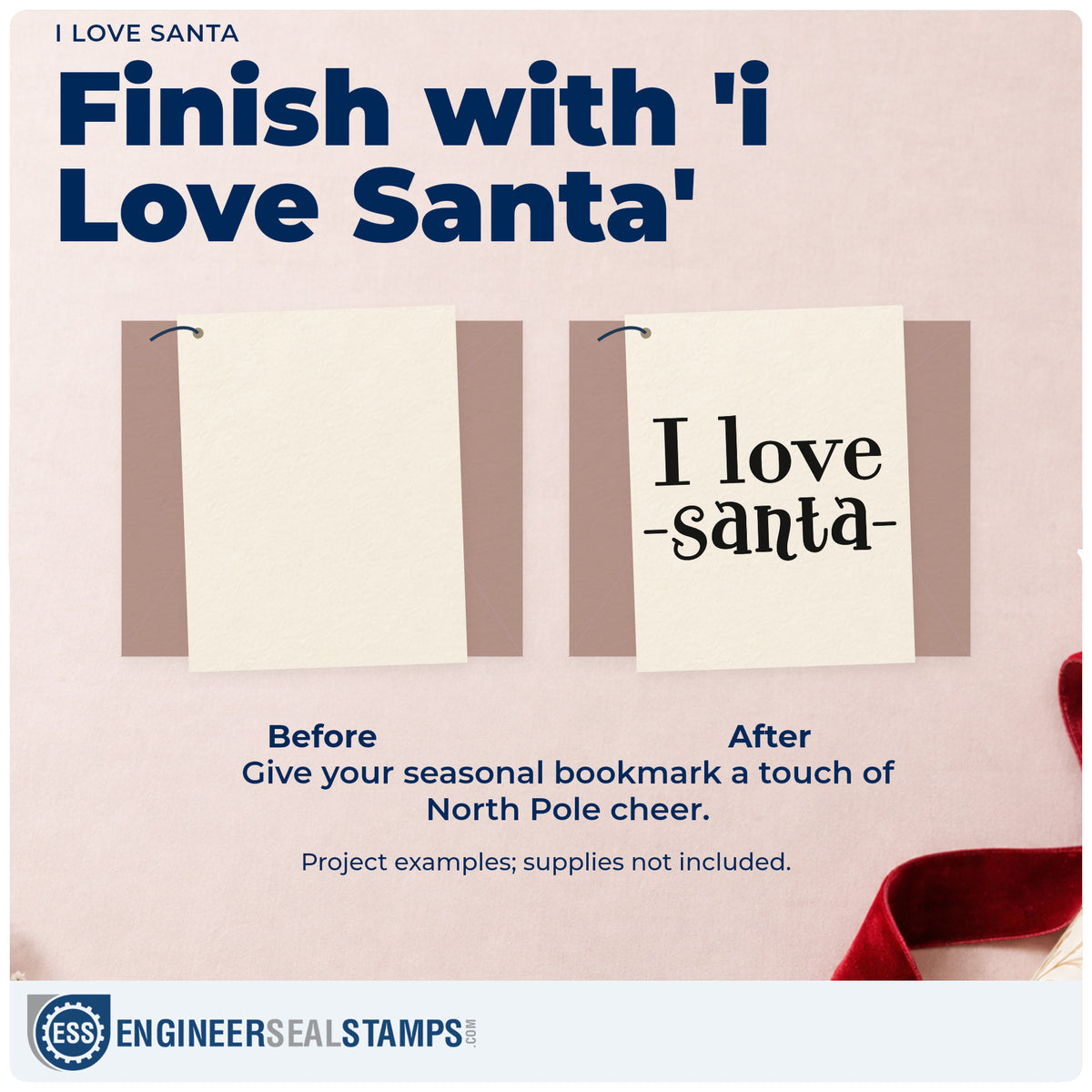 Before and after of a plain item finished with the I Love Santa Stamp – Slim Pre-Inked, a quick upgrade for framed cabinet top.