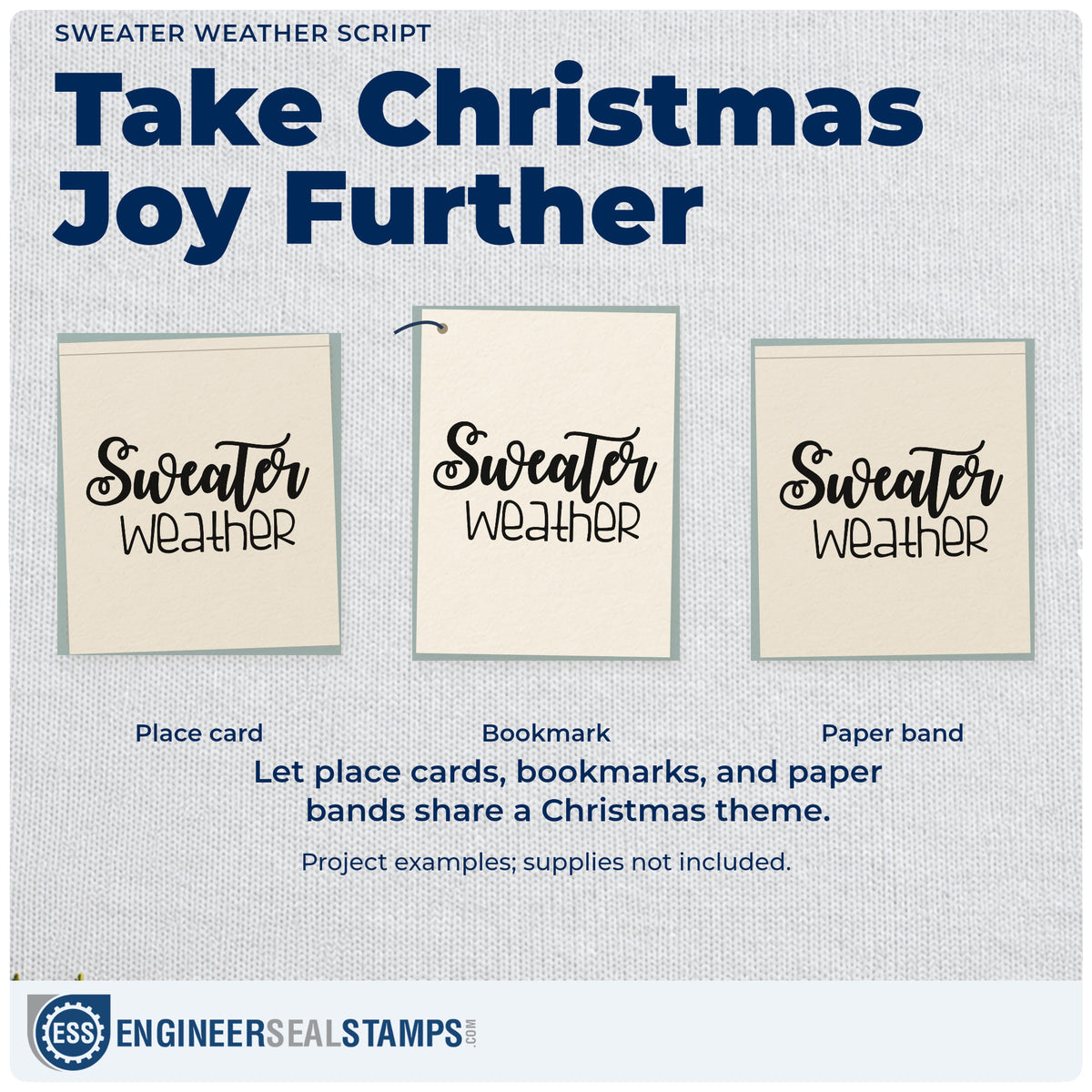 Three project examples made with the Sweater Weather Script Lettering Wood Handle Stamp, including pattern notes sheet.