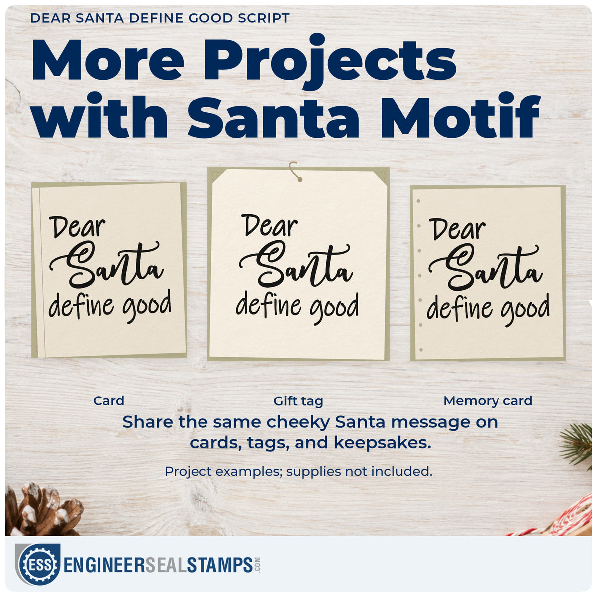 Three project examples made with the Dear Santa Define Good Script Rubber Stamp – Wood Handle, including review prep sheet.