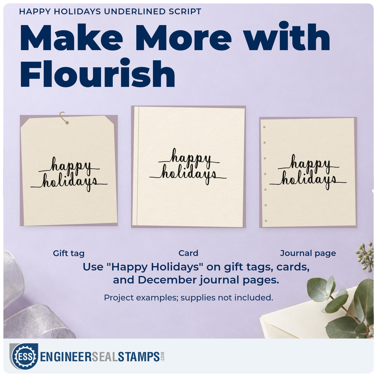 Three project examples made with the Premium Wooden Happy Holidays Underlined Script Lettering Stamp – Vintage Pro, including letterhead top rule.