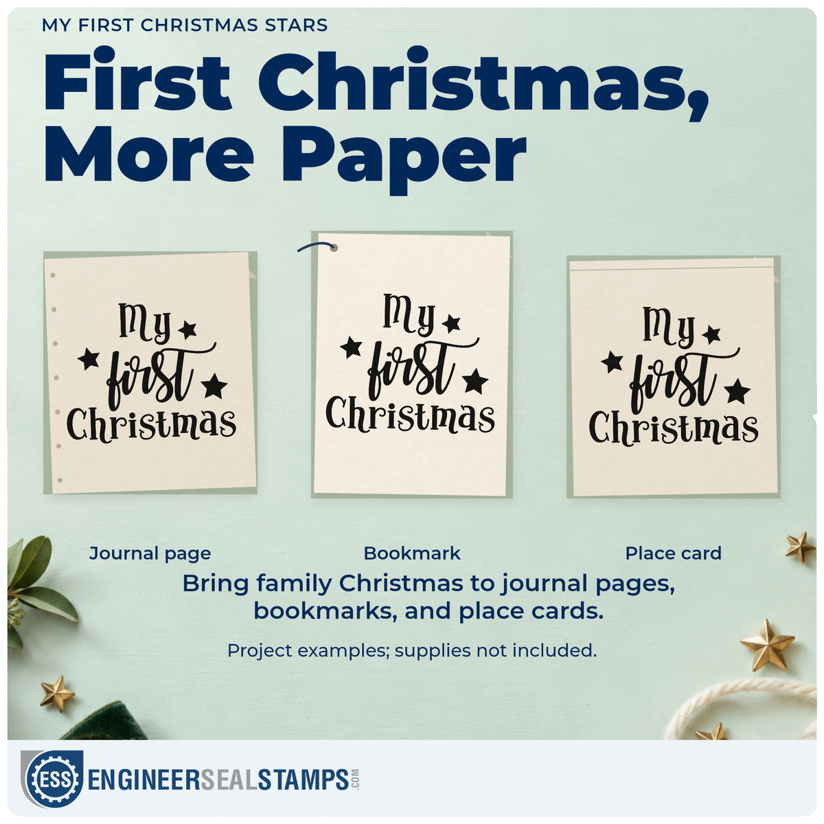 Three project examples made with the My First Christmas Stars Duo Hand Stamp, including new home log sheet.