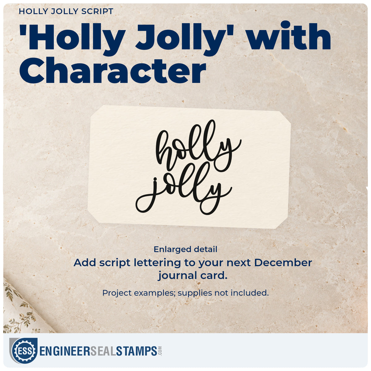 Enlarged detail of the Holly Jolly Script PSI Pre-Inked Stamp imprint. Two stacked words read “Holly Jolly” in thick looping script.