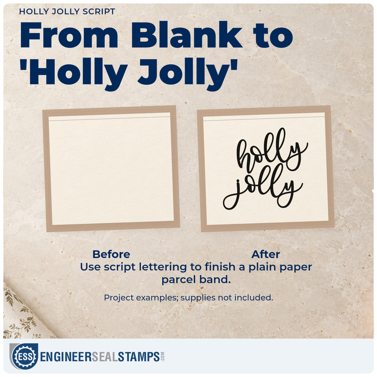 Before and after of a plain item finished with the Holly Jolly Script Pre-Inked Stamp – Slim, a quick upgrade for framed bar cart.