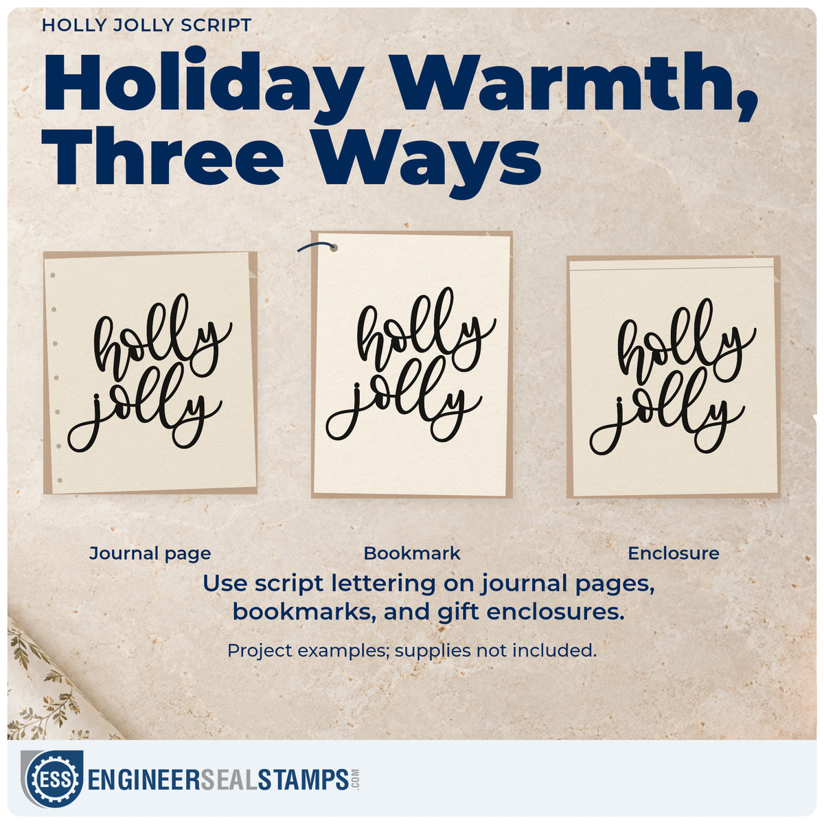 Three project examples made with the Holly Jolly Script Self-Inking Stamp, including mood board header.
