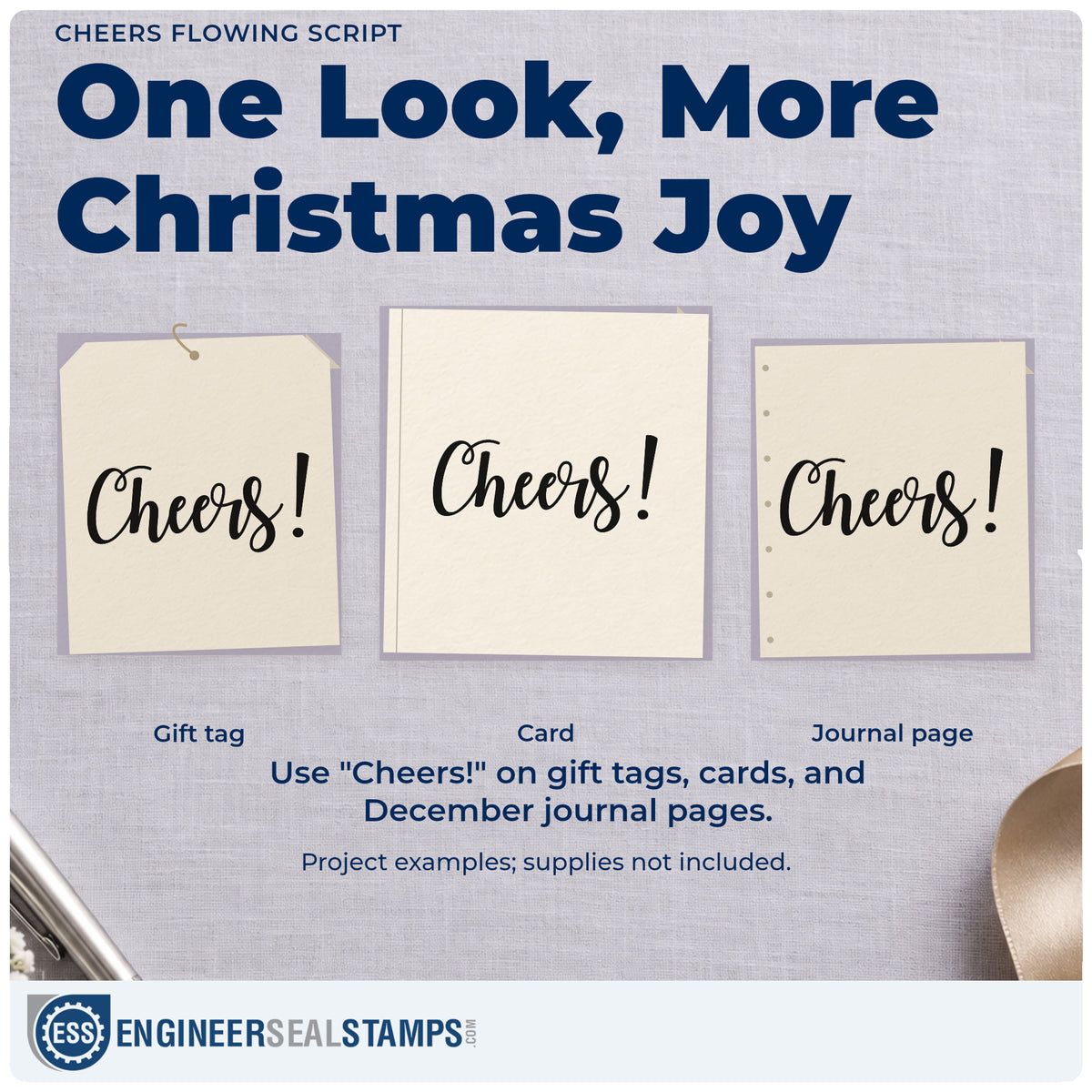 Three project examples made with the Cheers Flowing Script Lettering Rubber Stamp – Wood Handle, including cocktail recipe sheet.