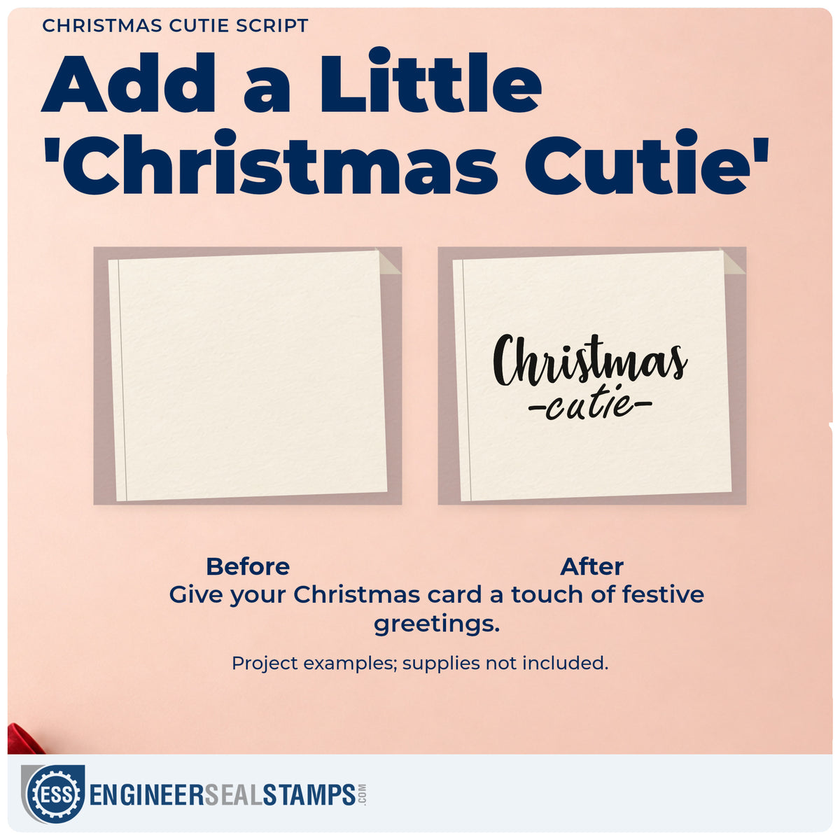 Before and after of a plain item finished with the Christmas Cutie Script PSI Pre-Inked Stamp, a quick upgrade for framed changing table.