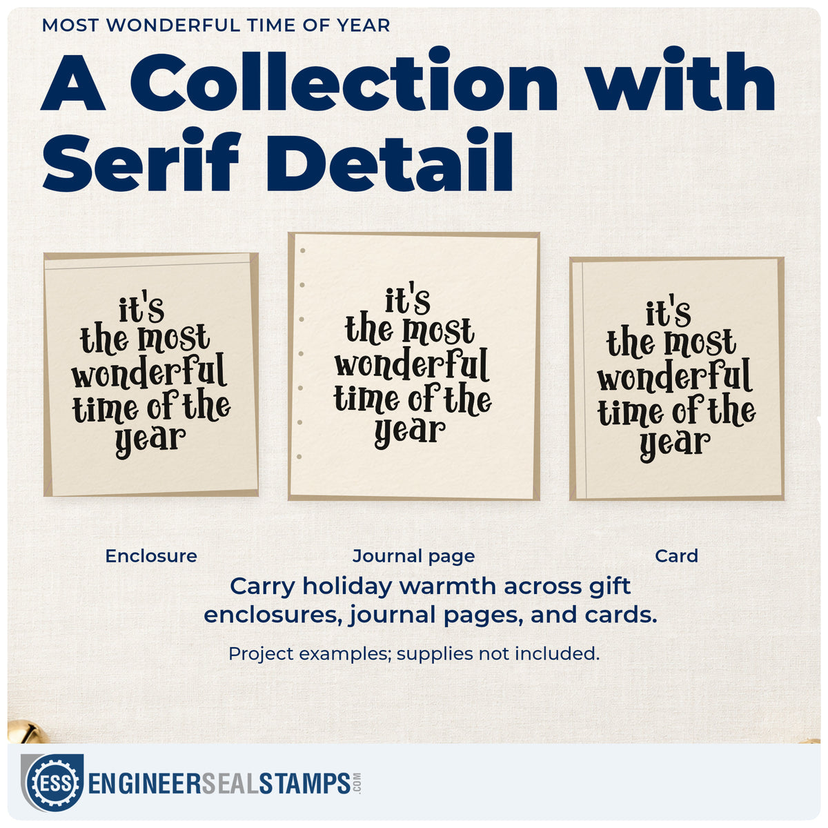 Three project examples made with the Most Wonderful Time Of Year Slim Pre-Inked Stamp, including packing list sheet.