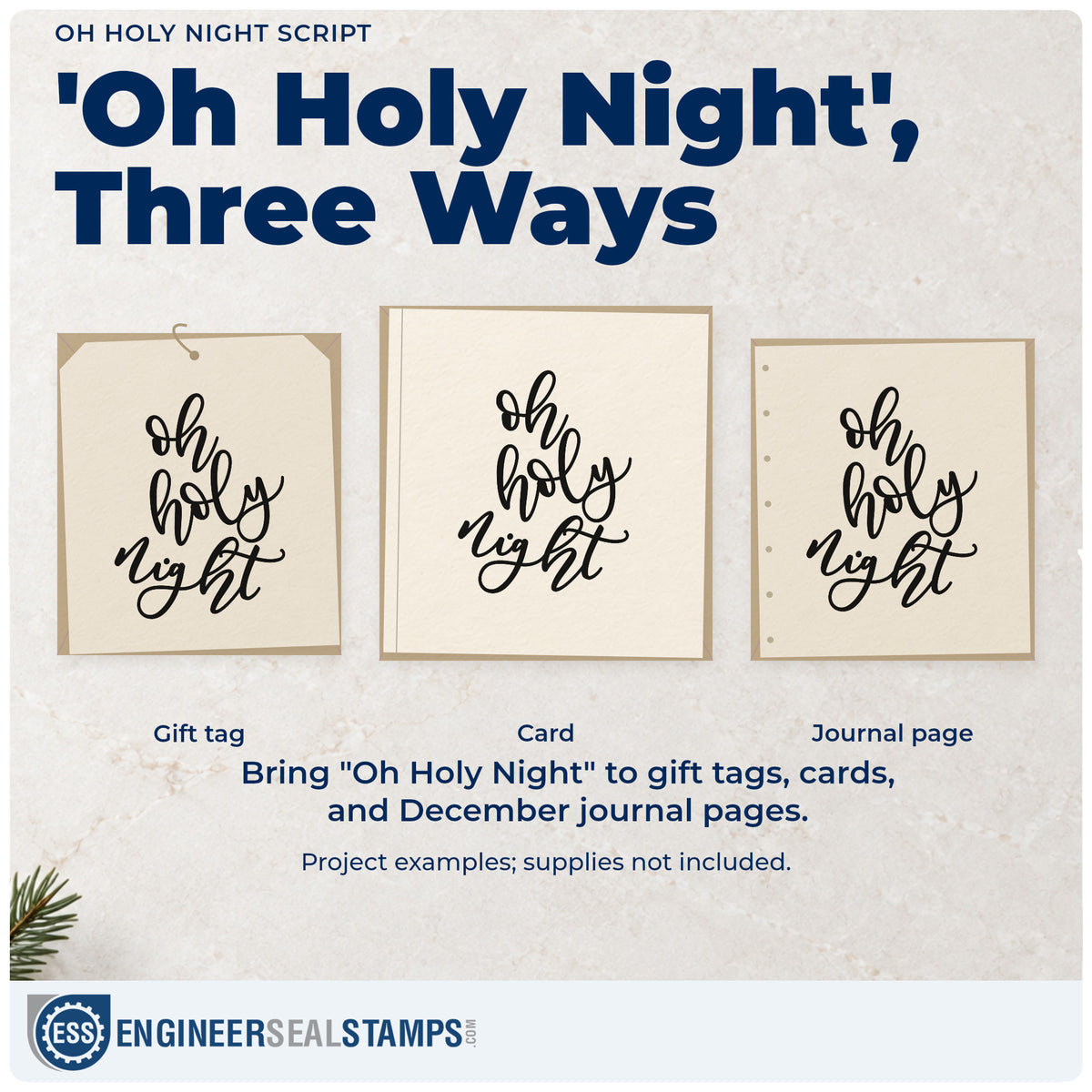 Three project examples made with the Oh Holy Night Script Stamp – Slim Pre-Inked, including reflection log sheet.
