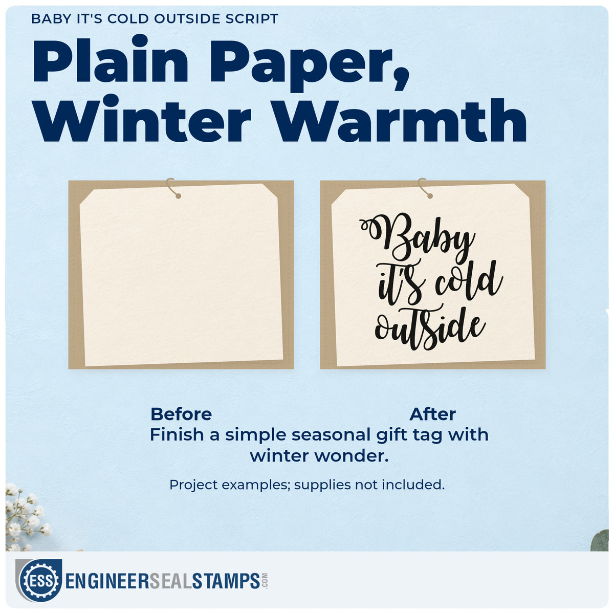 Before and after of a plain item finished with the Baby It's Cold Outside PSI Pre-Inked Stamp, a quick upgrade for framed fireplace wall.