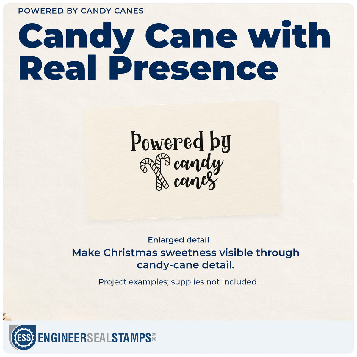 Enlarged detail of the Powered By Candy Canes Rubber Stamp – Wood Handle imprint. “Powered by Candy Canes” features two crossed striped candy canes.