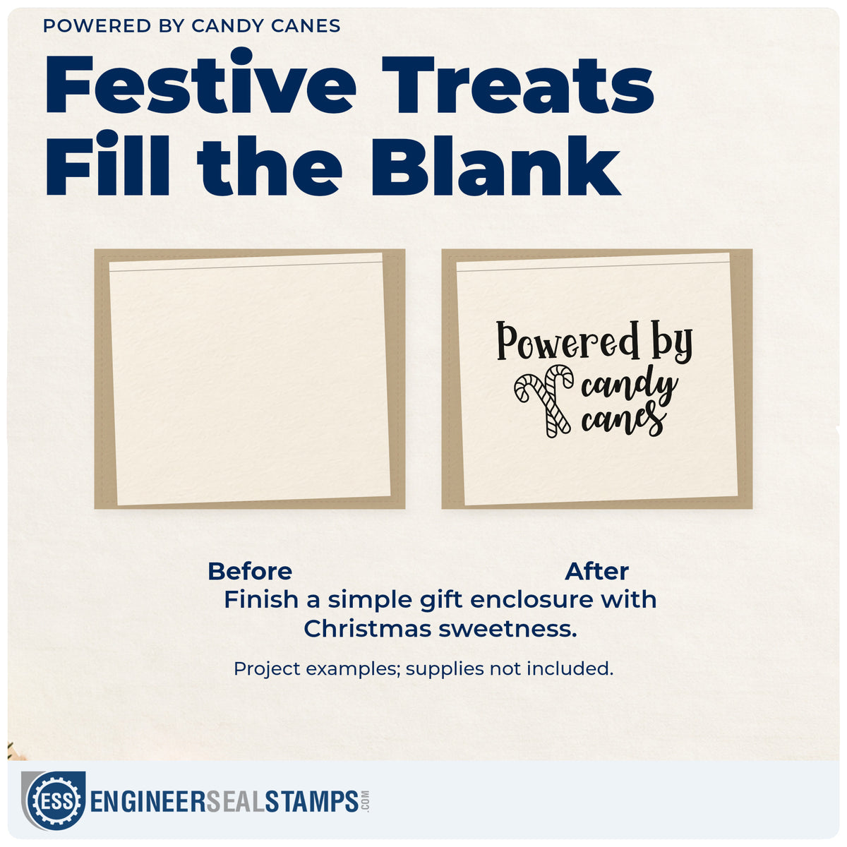 Before and after of a plain item finished with the Powered By Candy Canes Premium Wood-Mounted Stamp – Vintage Pro, a quick upgrade for framed sweet shop wall.