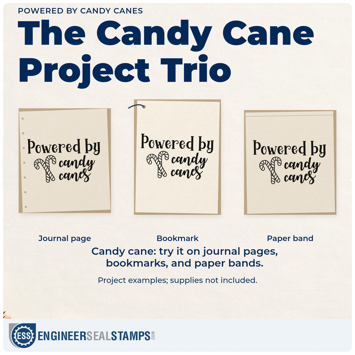 Three project examples made with the Powered By Candy Canes Premium Wood-Mounted Stamp – Vintage Pro, including sugar work log sheet.