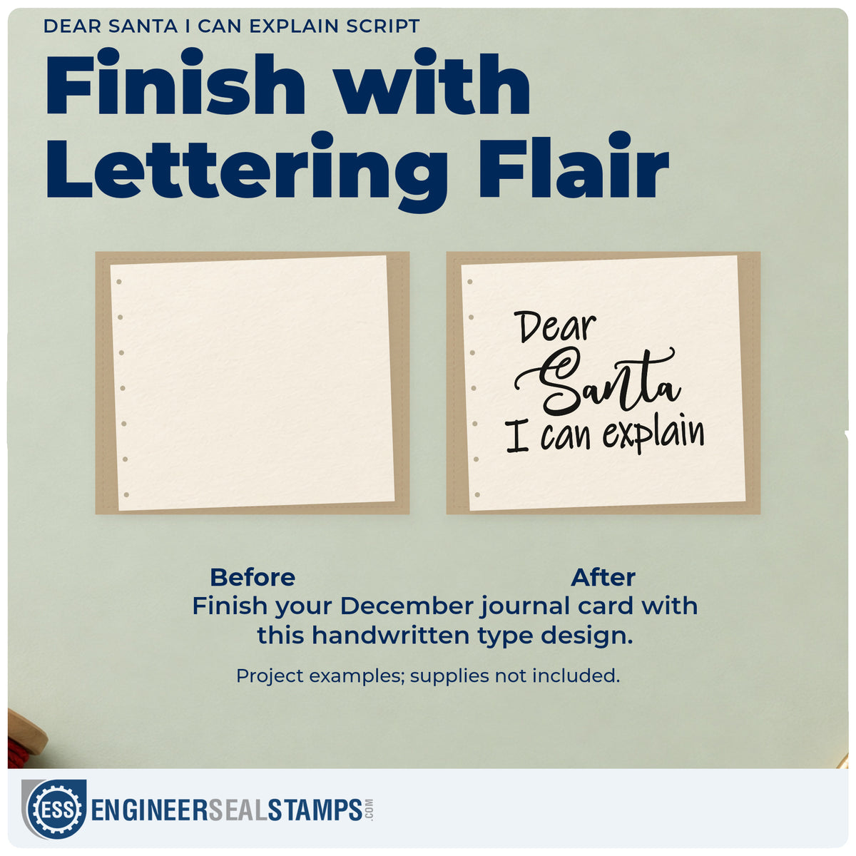 Before and after of a plain item finished with the Dear Santa I Can Explain Stamp – Self-Inking, a quick upgrade for framed shop bench.