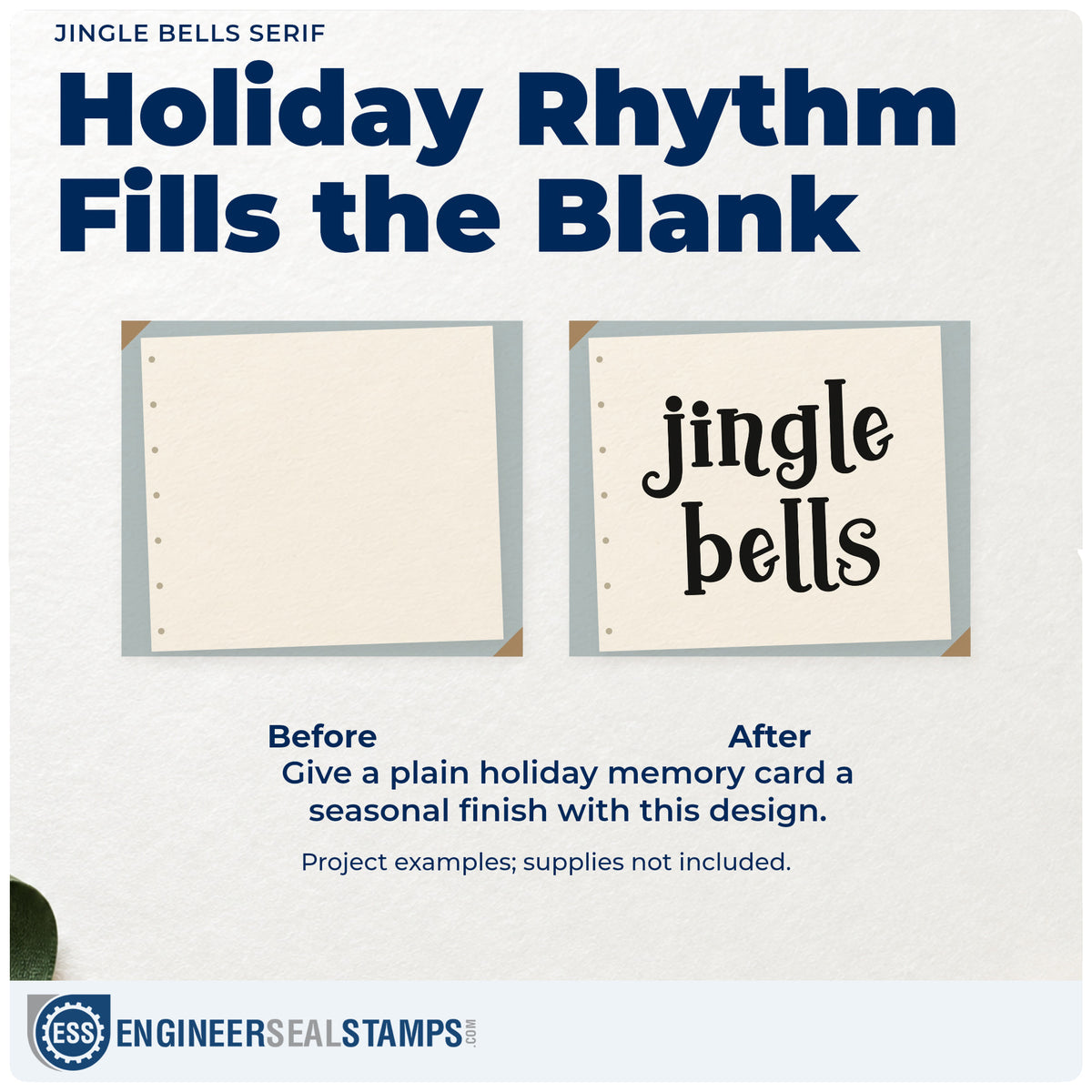 Before and after of a plain item finished with the Jingle Bells Serif Rubber Stamp – Wood Handle, a quick upgrade for framed rehearsal hall.