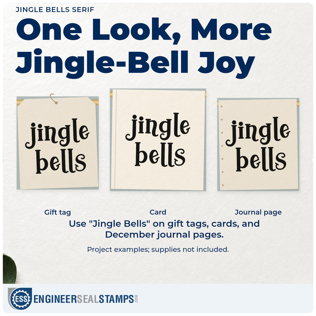 Three project examples made with the Jingle Bells Serif Slim Pre-Inked Stamp, including assignment chart sheet.