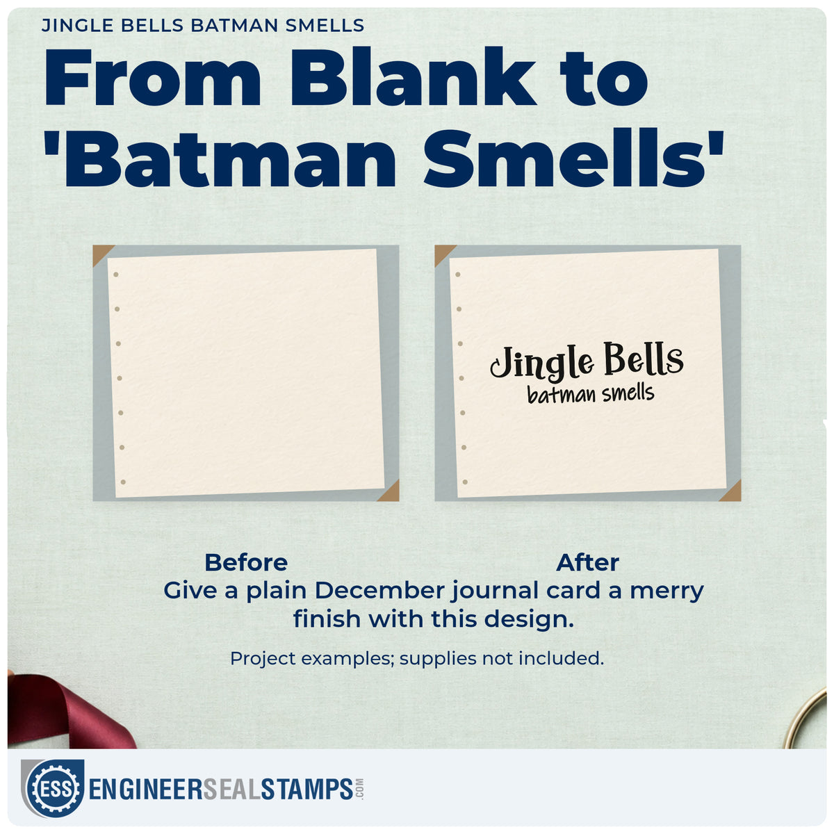 Before and after of a plain item finished with the Jingle Bells Batman Smells Pre-Inked Stamp – PSI, a quick upgrade for framed bunk bed rail.