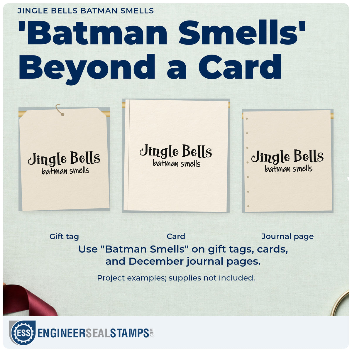 Three project examples made with the Jingle Bells Batman Smells Pre-Inked Stamp – PSI, including joke collection sheet.