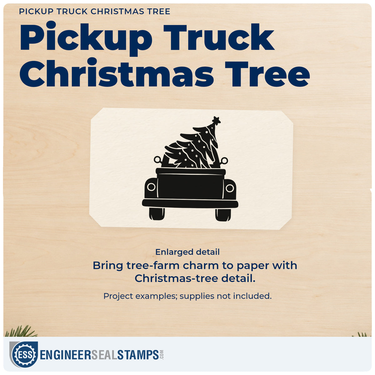 Enlarged detail of the Pickup Truck Christmas Tree Self-Inking Stamp imprint. A rear-view pickup truck carries a decorated Christmas tree topped with a star.