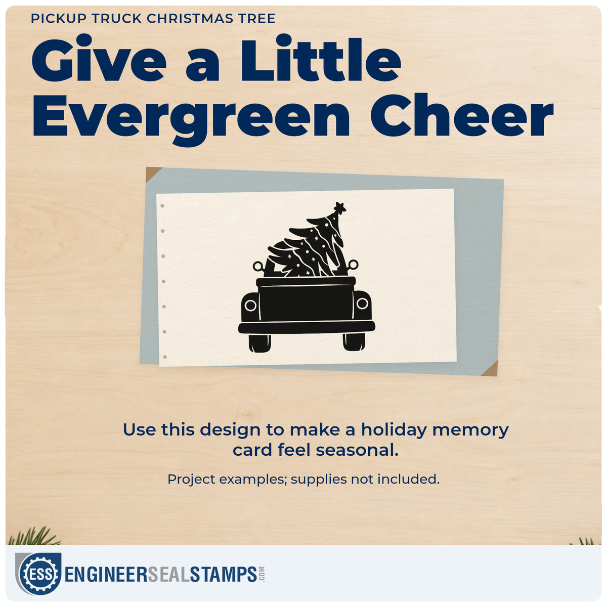 A finished handmade project stamped with the Pickup Truck Christmas Tree Hand Stamp – Duo, ideal for haul day album page.