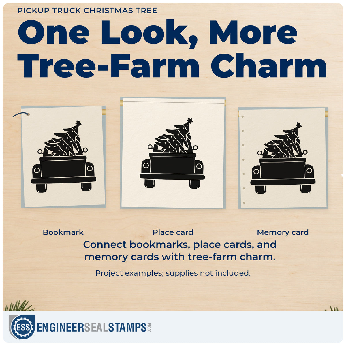 Three project examples made with the Pickup Truck Christmas Tree Self-Inking Stamp, including delivery route sheet.