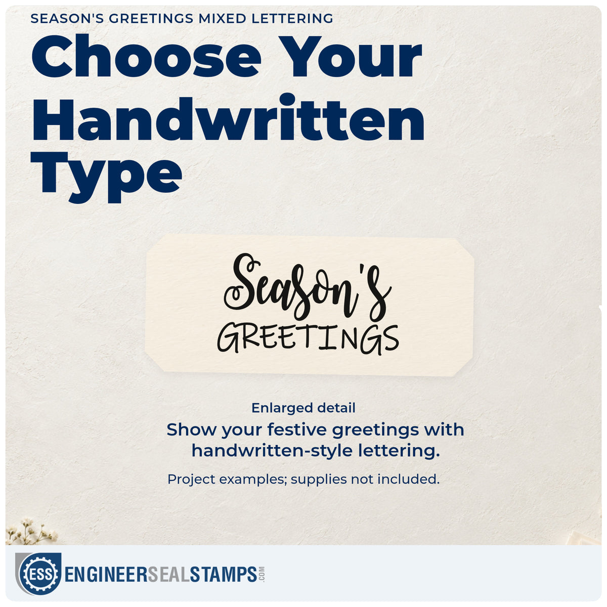 Enlarged detail of the Season's Greetings Mixed Word Art Stamp – Duo Hand imprint. Script “Season's” sits above thin handwritten capitals “Greetings.”