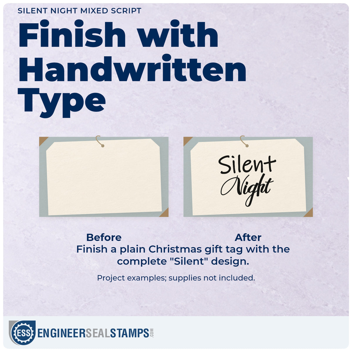 Before and after of a plain item finished with the Silent Night Mixed Script Rubber Stamp – Duo Hand, a quick upgrade for framed rocker corner.