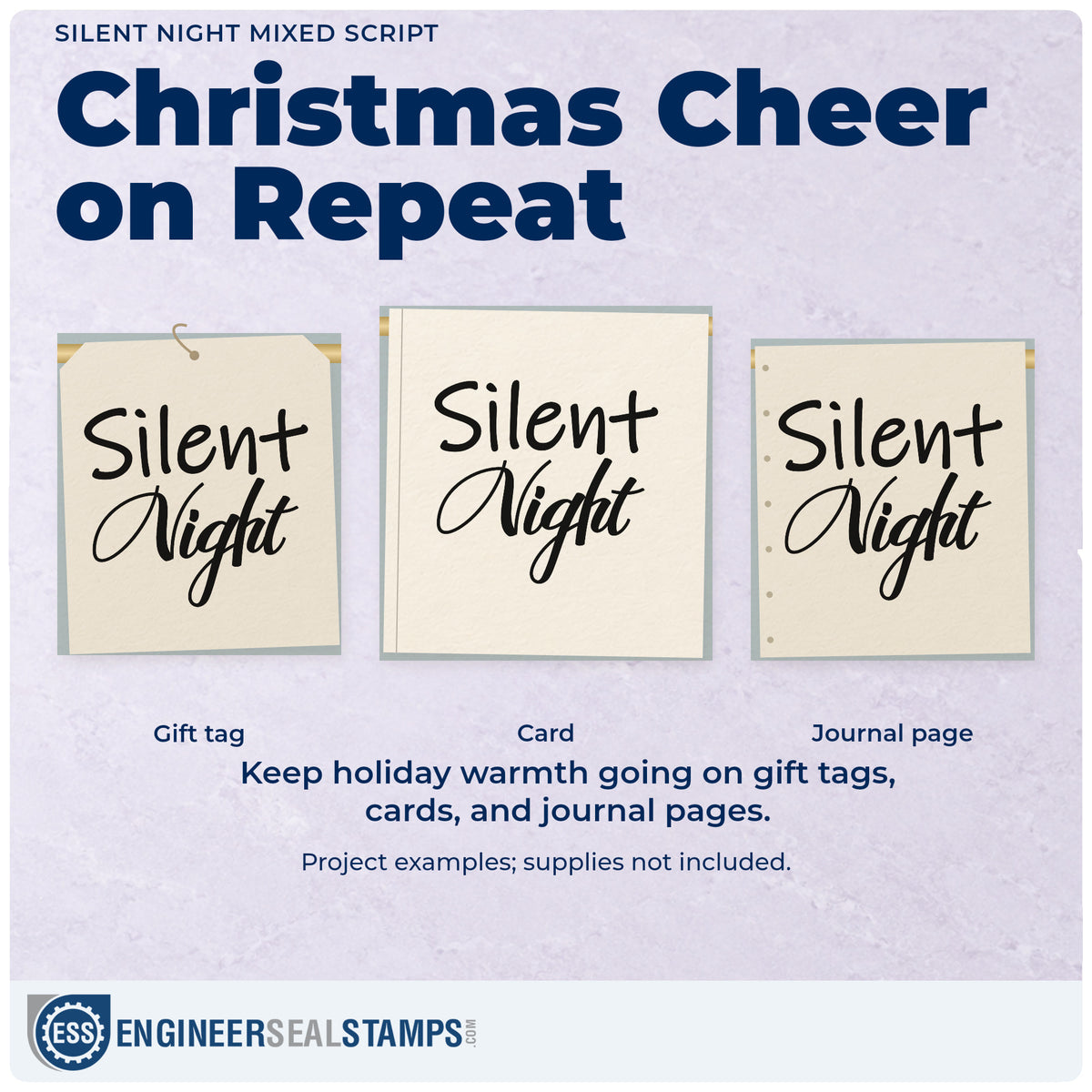 Three project examples made with the Silent Night Mixed Script Rubber Stamp – Duo Hand, including sleep log sheet.